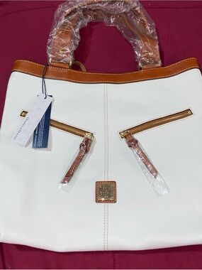 Dooney & Bourke White Leather Tote with Brown Trim and Gold Accents